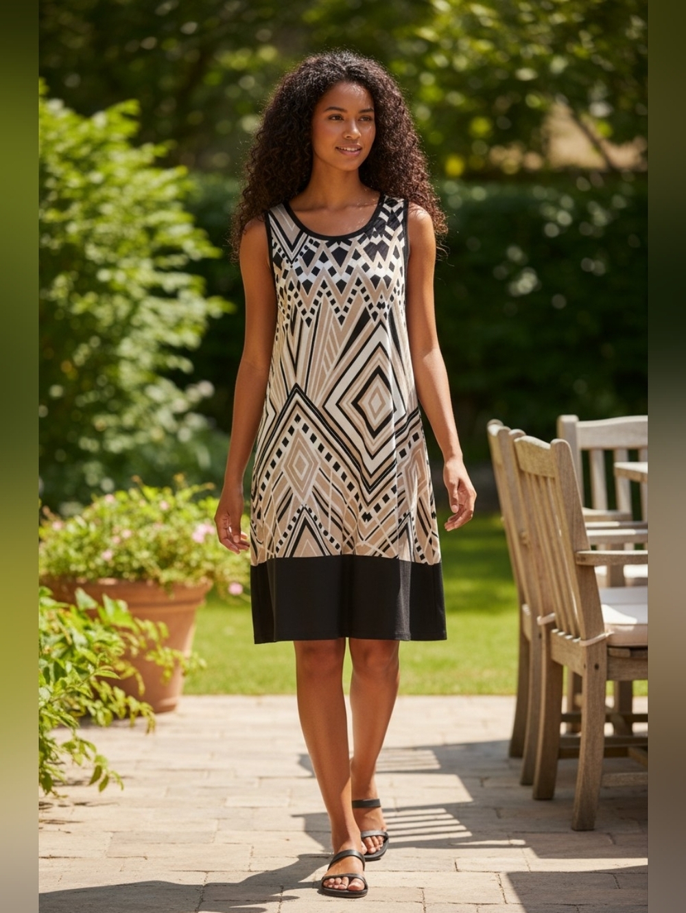 Tiana B. Beige and Black Geometric Neckline Dress